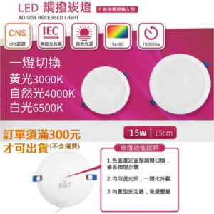LED薄型崁燈 15W 三色溫撥切 開孔Ø142mm