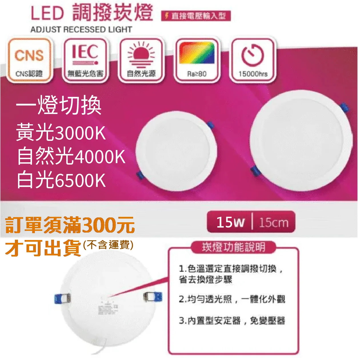 三色撥切式崁燈15W
